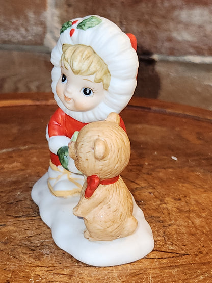 Vintage Lefton Christmas Figurines Girl Holding Gifts And Bear ch6