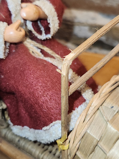 Vintage Bethany Lowe Santa Claus Wearing Wool in a Woven Sleigh With Toys AS IS s90