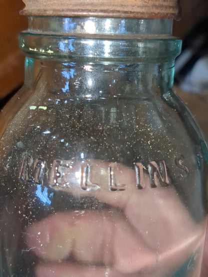 Vintage Mellin's Food Co Boston 6" Bottle Jar Aqua Blue Glass with lid Mellins bt87