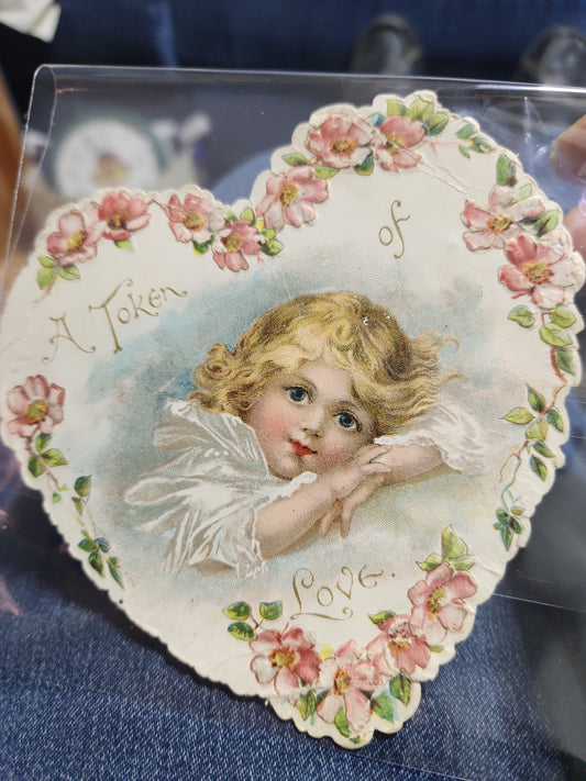 Antique 1880s Die-Cut Embossed Heart Valentine Card Child A Token of Love Poem