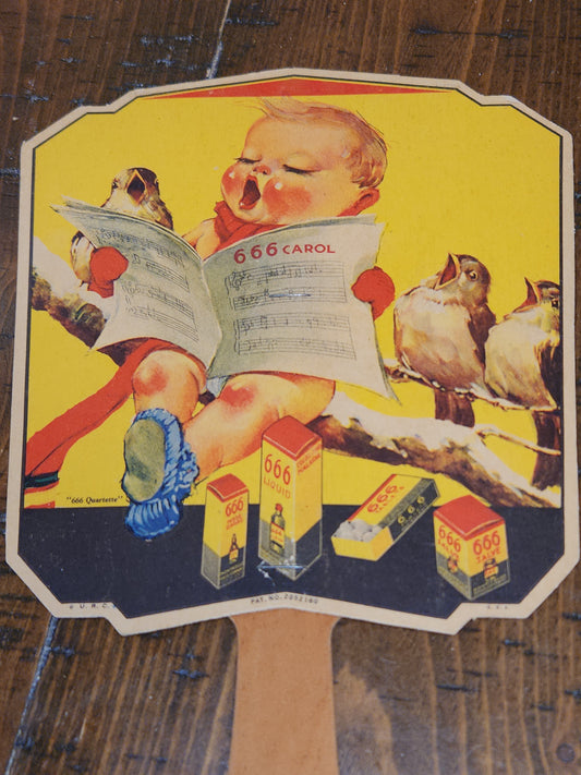 Vintage 666 Quartette Advertising Fan Medicine Liquid Salve Tablets Nose Drops Birds Baby fan12