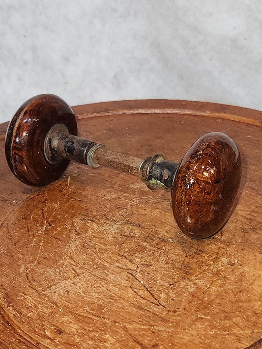 Antique Porcelain Brown Marble or Swirl Door Knobs attached to a stem kn18