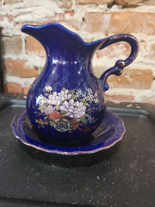 Porcelain Small Pitcher Bowl Set Taiwan Blue Floral Gold Trim Accent pit23