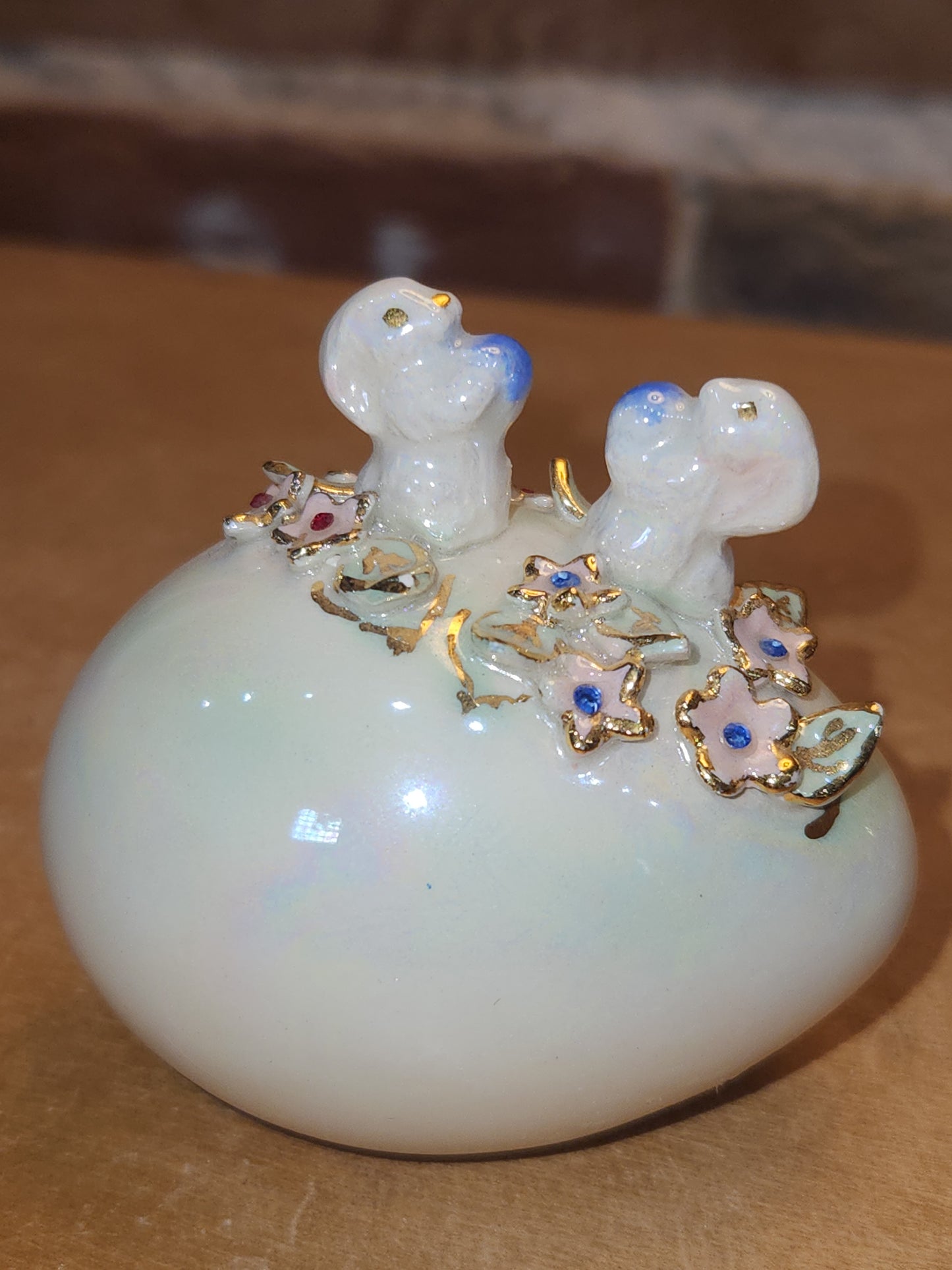 Vintage Porcelain Egg with 3D Bunnies, Flowers Leaves Eggs Gold Accents. Eg7