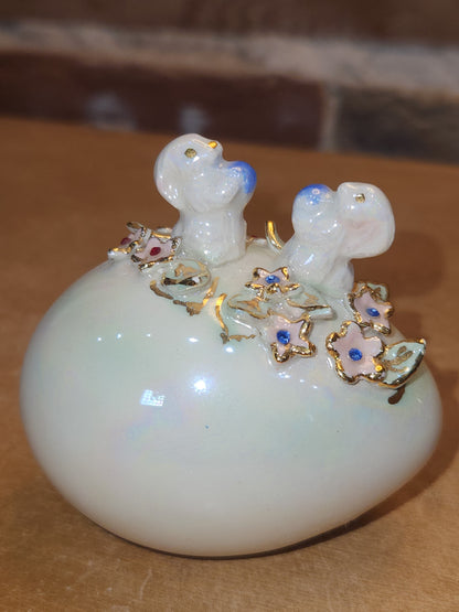 Vintage Porcelain Egg with 3D Bunnies, Flowers Leaves Eggs Gold Accents. Eg7