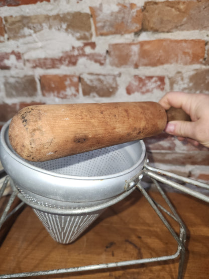 Vintage Cone Sieve Colander Strainer with Stand with Wood Pestle ki334