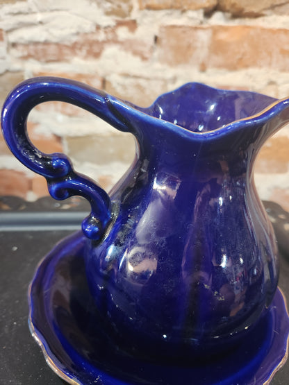 Porcelain Small Pitcher Bowl Set Taiwan Blue Floral Gold Trim Accent pit23