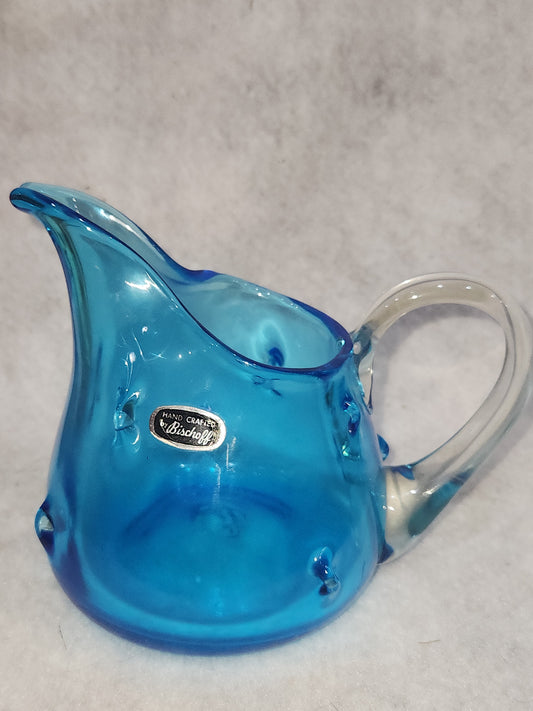 Vintage Bischoff hand blown Art Glass pinches Teal Blue Pitcher Clear handle gla999