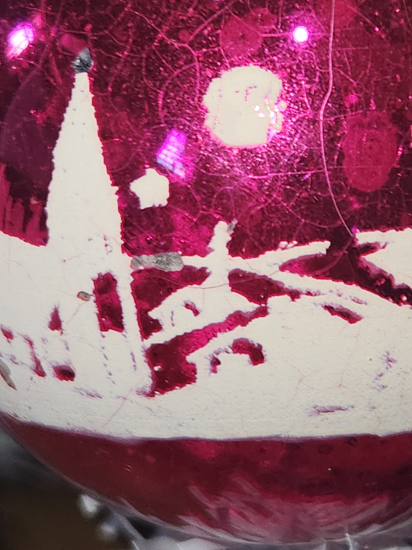 Vintage Shiny Brite Hot Pink Stenciled Church Glass Ornament GLOWS vo17