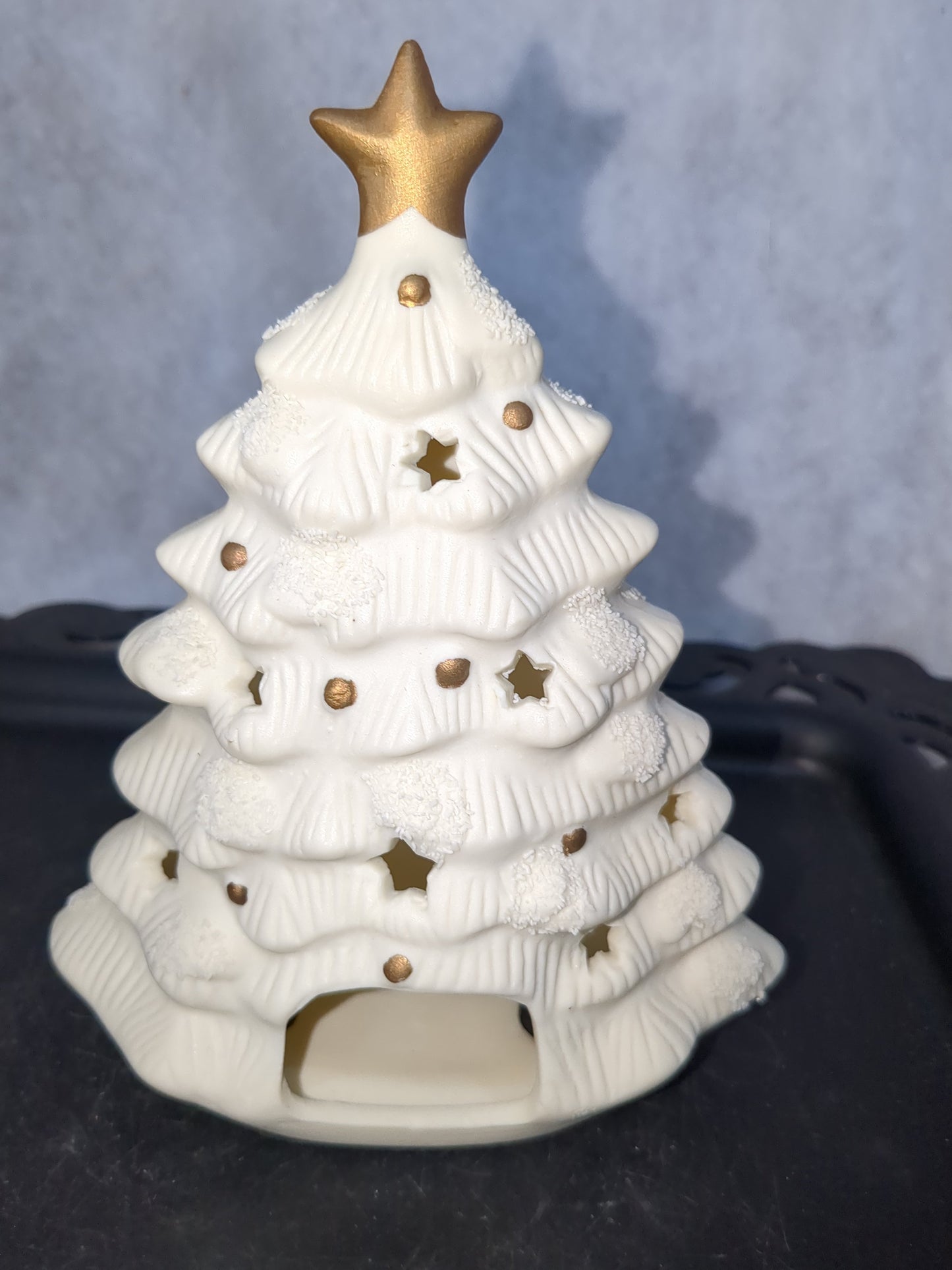 Vintage Matte Ceramic Christmas Tree Votive Holder-White Gold Star Candles