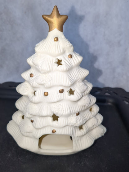 Vintage Matte Ceramic Christmas Tree Votive Holder-White Gold Star Candles