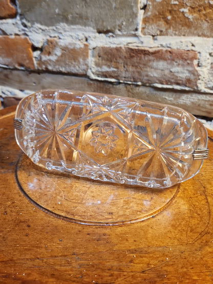 Vintage Anchor Hocking Cut Glass Butter Dish with Metal Handle kit70