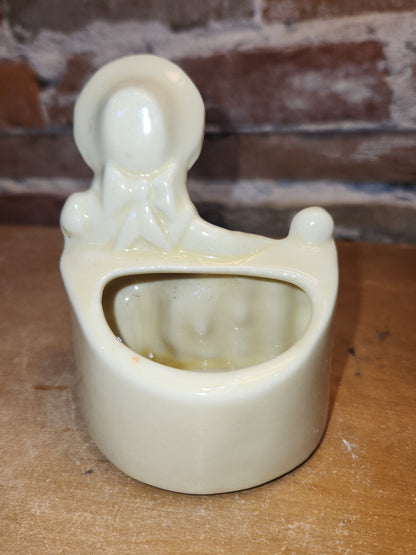 Vintage Pottery Planter Little Girl in Pink by a Fence Likely Shawnee Potter AS IS pl12