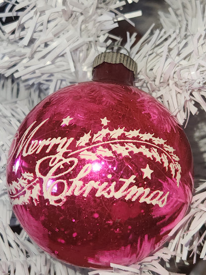 Vintage Shiny Brite Stenciled Merry Christmas Hot Pink Glass Ornament vo21