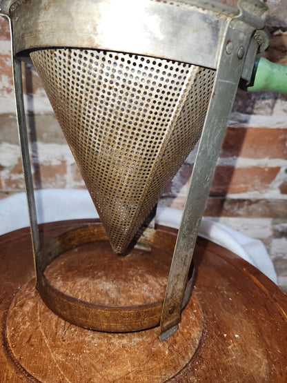 Vintage Cone Sieve Colander in stand Green Handle Patina kit719