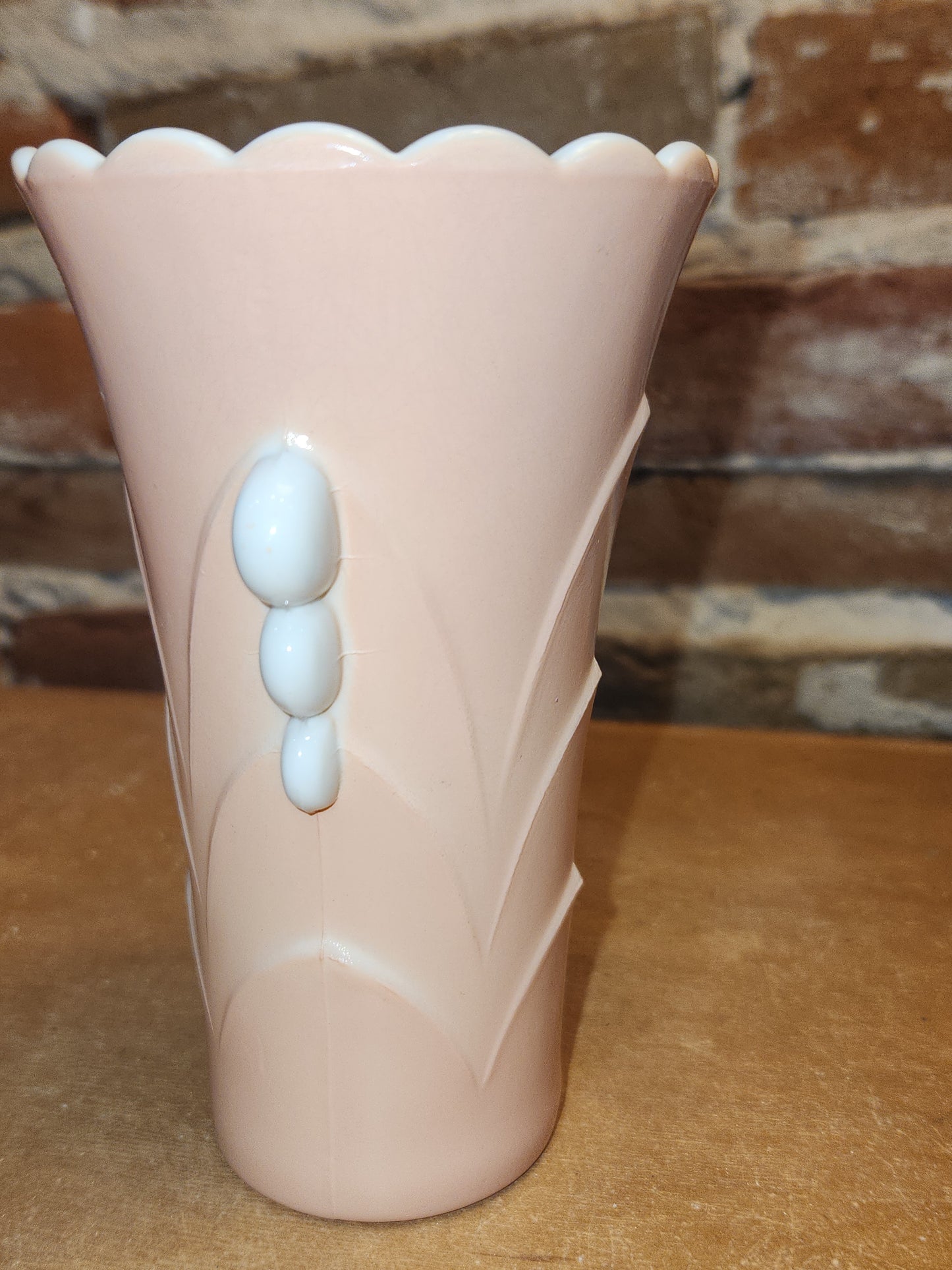 Vintage Vitrock Uranium Glass Vase Peach and White Scalloped Edges Beaded Handles Art Deco Vase GLOWS GREEN gl90