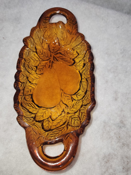 Vintage Oblong Amber Glass Pear & Leaves Serving Dish