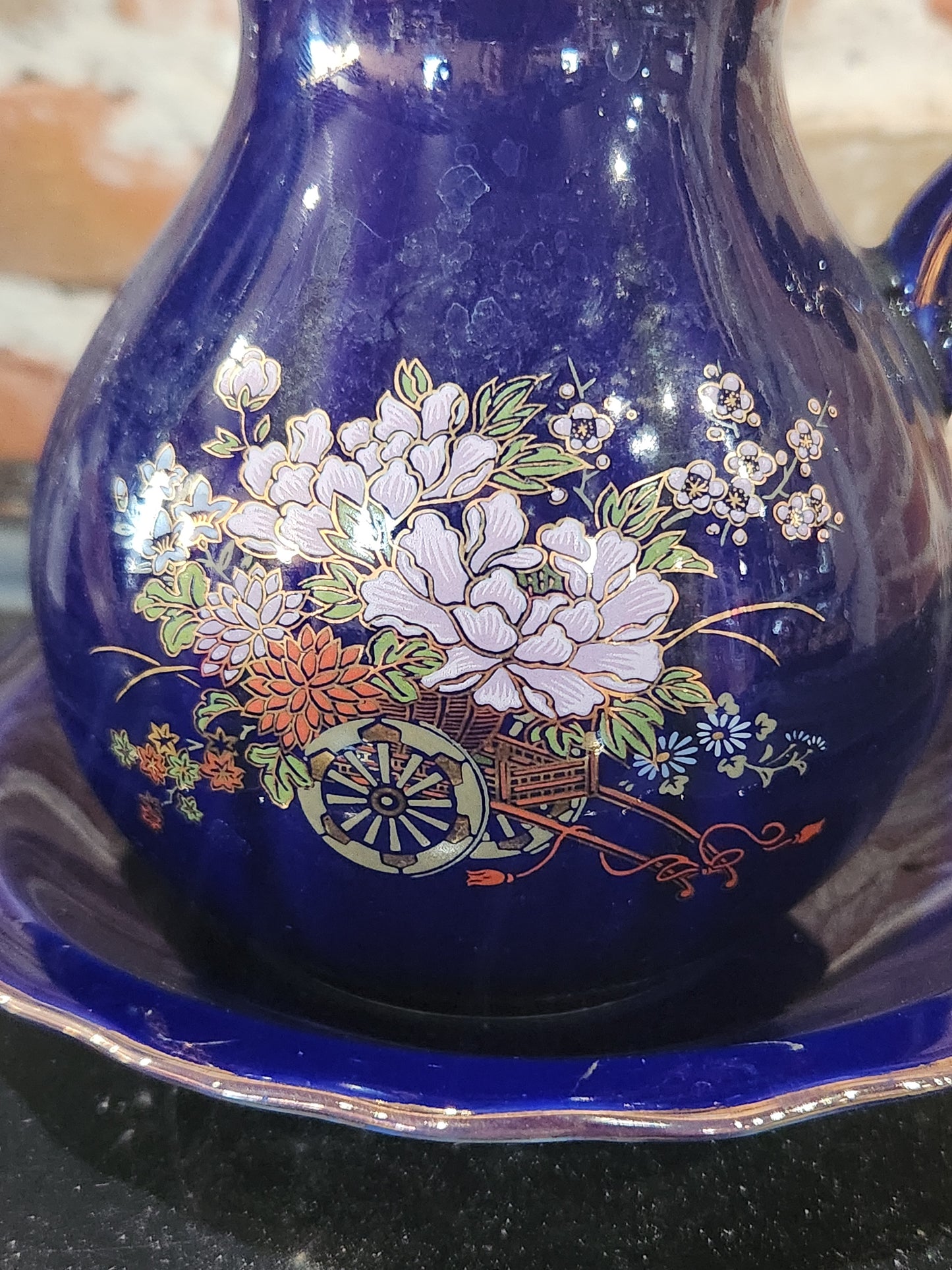 Porcelain Small Pitcher Bowl Set Taiwan Blue Floral Gold Trim Accent pit23