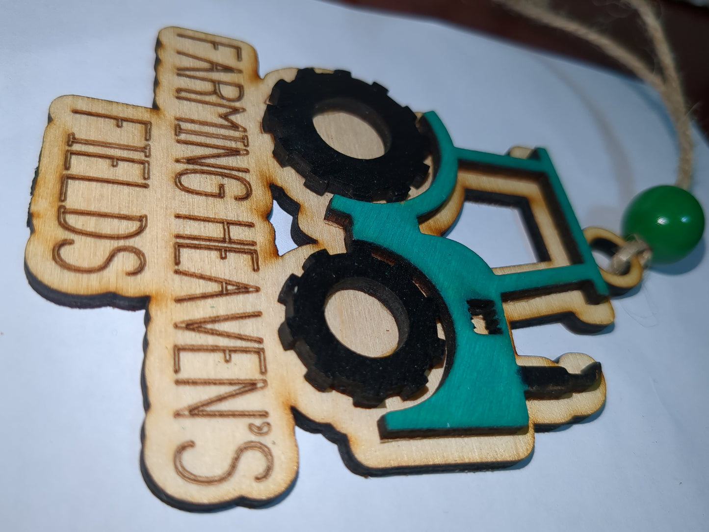 Ornament or car charm memorial green tractor "Farming Heaven's Fields"