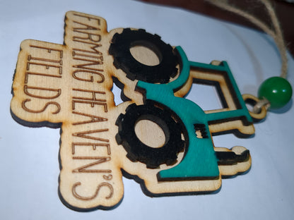 Ornament or car charm memorial green tractor "Farming Heaven's Fields"
