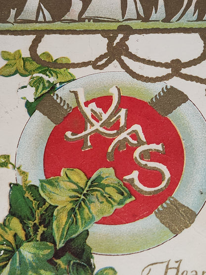 Antique Christmas Postcard Heaty Greetings with Sailboats and Life Preserver 1910 not mailed pc66