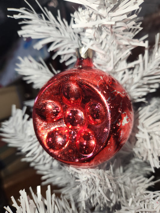 Vintage Red Indent Glass Christmas Ornament Made in USofA vo13