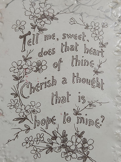 Antique Valentines Postcard Embossed Beloved Victorian couple Embossed flowers poem