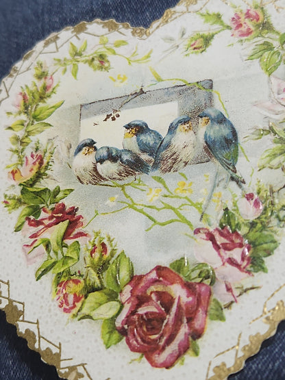 Antique Valentine Card Die-Cut Embossed Heart with Birds and Roses