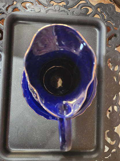 Porcelain Small Pitcher Bowl Set Taiwan Blue Floral Gold Trim Accent pit23