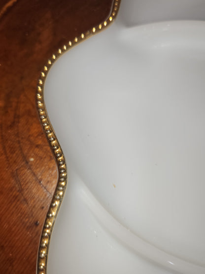 Vintage Fire King Oven Ware Milk Glass tray with 3 sections and gold trim. Mg77