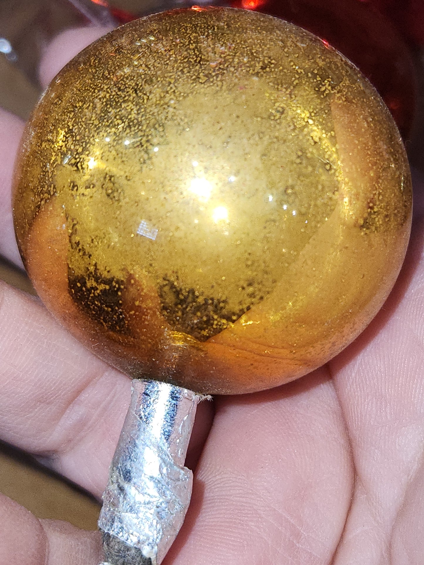 Vintage Mercury Glass Ball Ornament on Picks or Stems Red and Gold Nearly 2" Set of 7 mg5