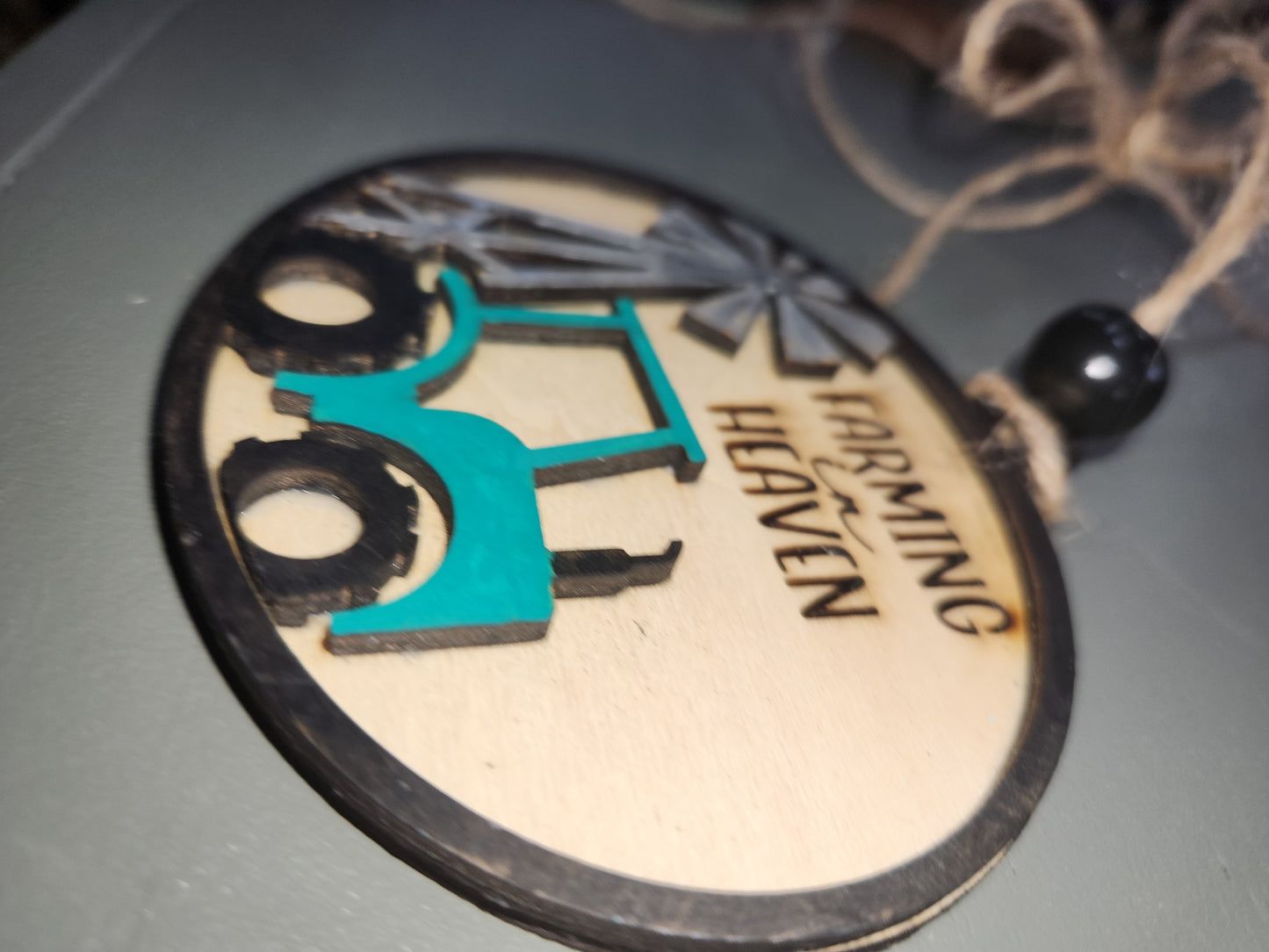 Ornament or car charm memorial memorial with green tractor and windmill