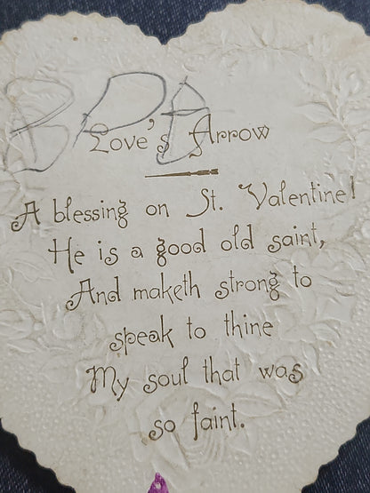 Antique Valentine Card Die-Cut Embossed Heart with Birds and Roses
