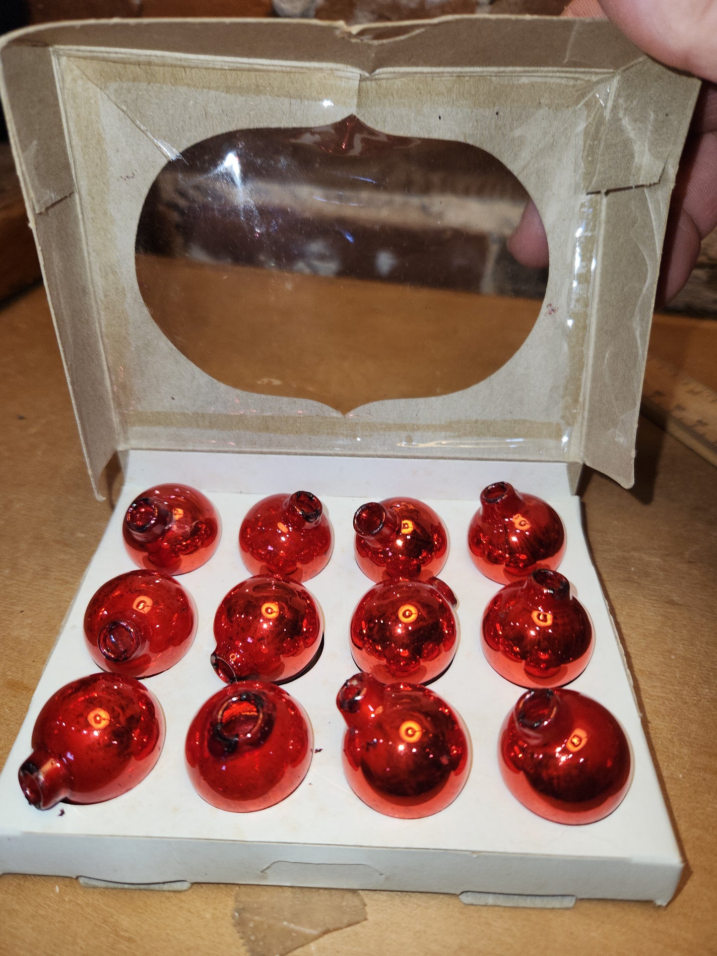 Box of Shiny Brite red ornaments .98" 1" 25mm box of 12 Box As Is No Hangers BO05