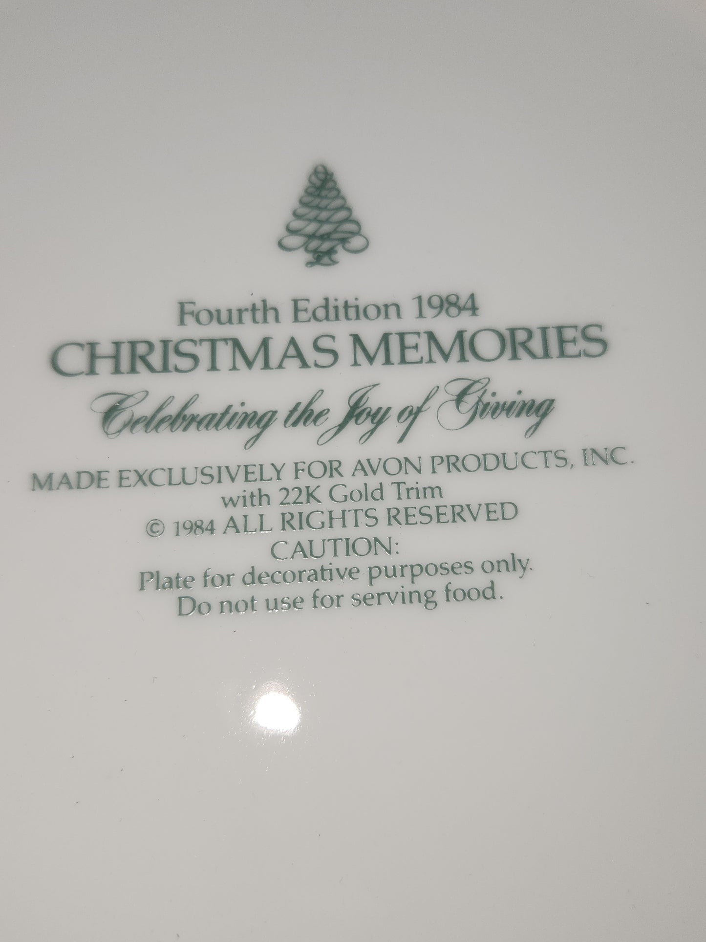 Vintage Avon Christmas 1982 Second Edition Christmas Memories Keeping the Christmas Tradition Plate 22k gold trim Original Box.