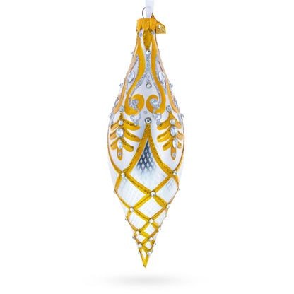 Gold & White Baroque-Style Gem-Encrusted Elongated Pointed Teardrop Finial Glass Christmas Ornament