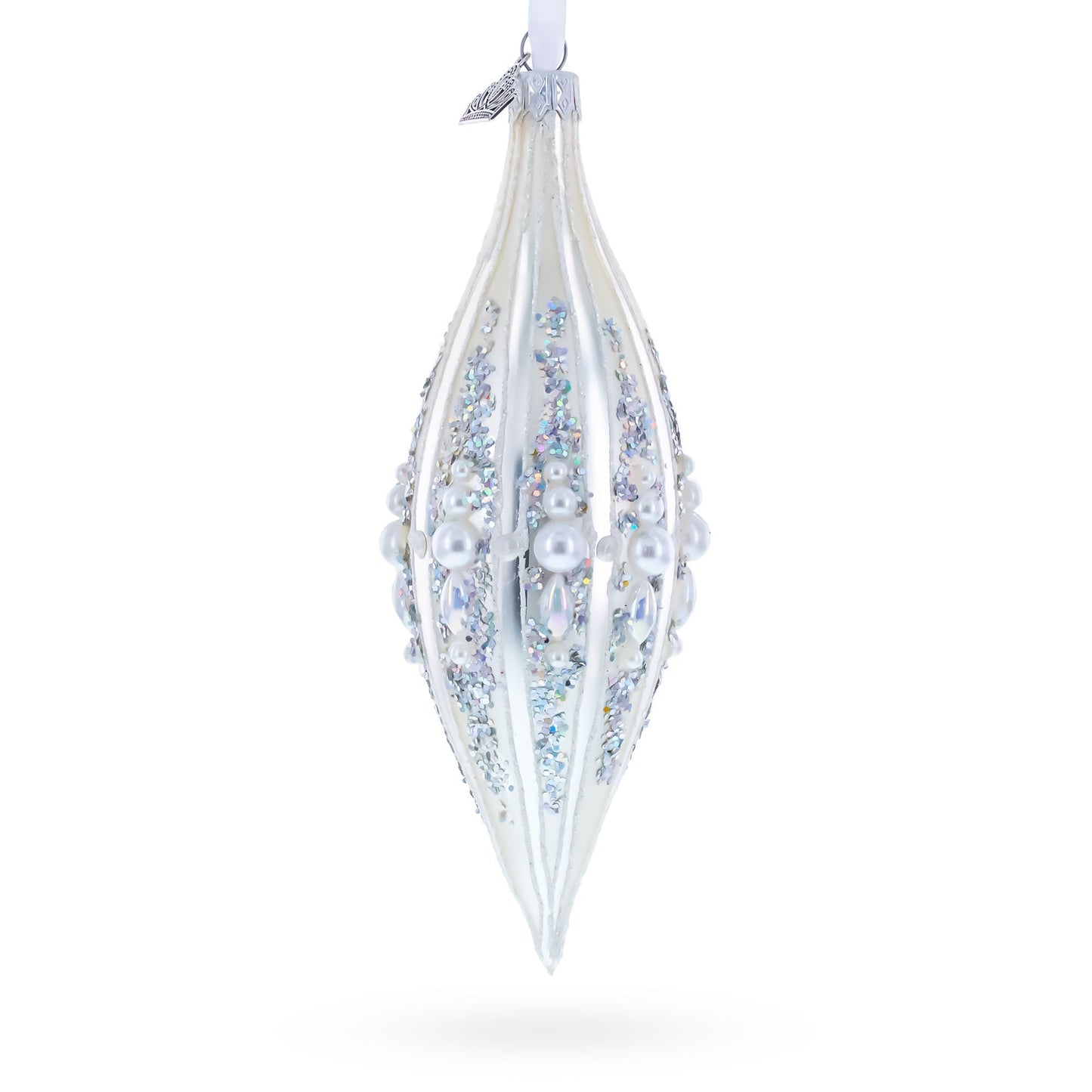 Pearl and Glitter Jeweled Elongated Pointed Teardrop Finial Glass Christmas Ornament