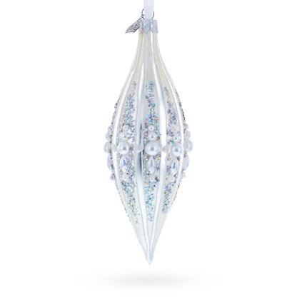 Pearl and Glitter Jeweled Elongated Pointed Teardrop Finial Glass Christmas Ornament