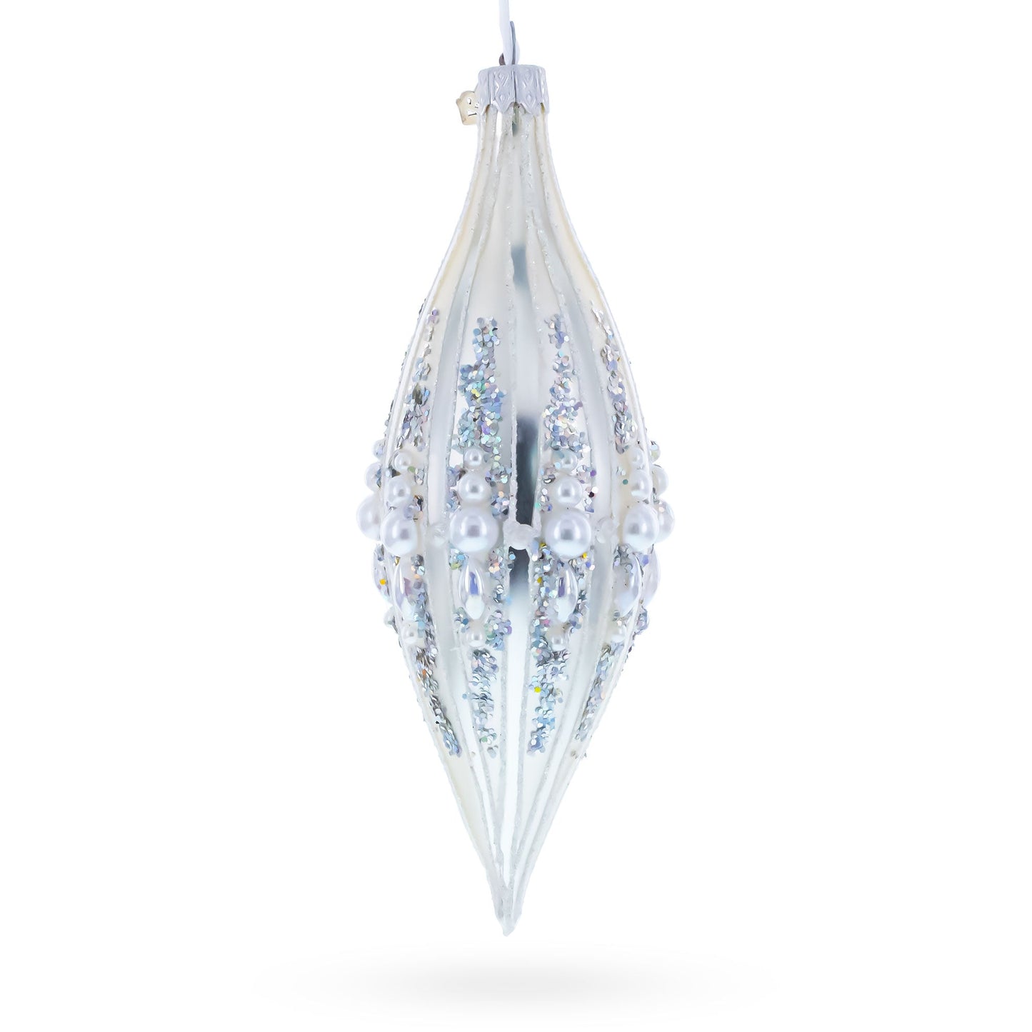Pearl and Glitter Jeweled Elongated Pointed Teardrop Finial Glass Christmas Ornament