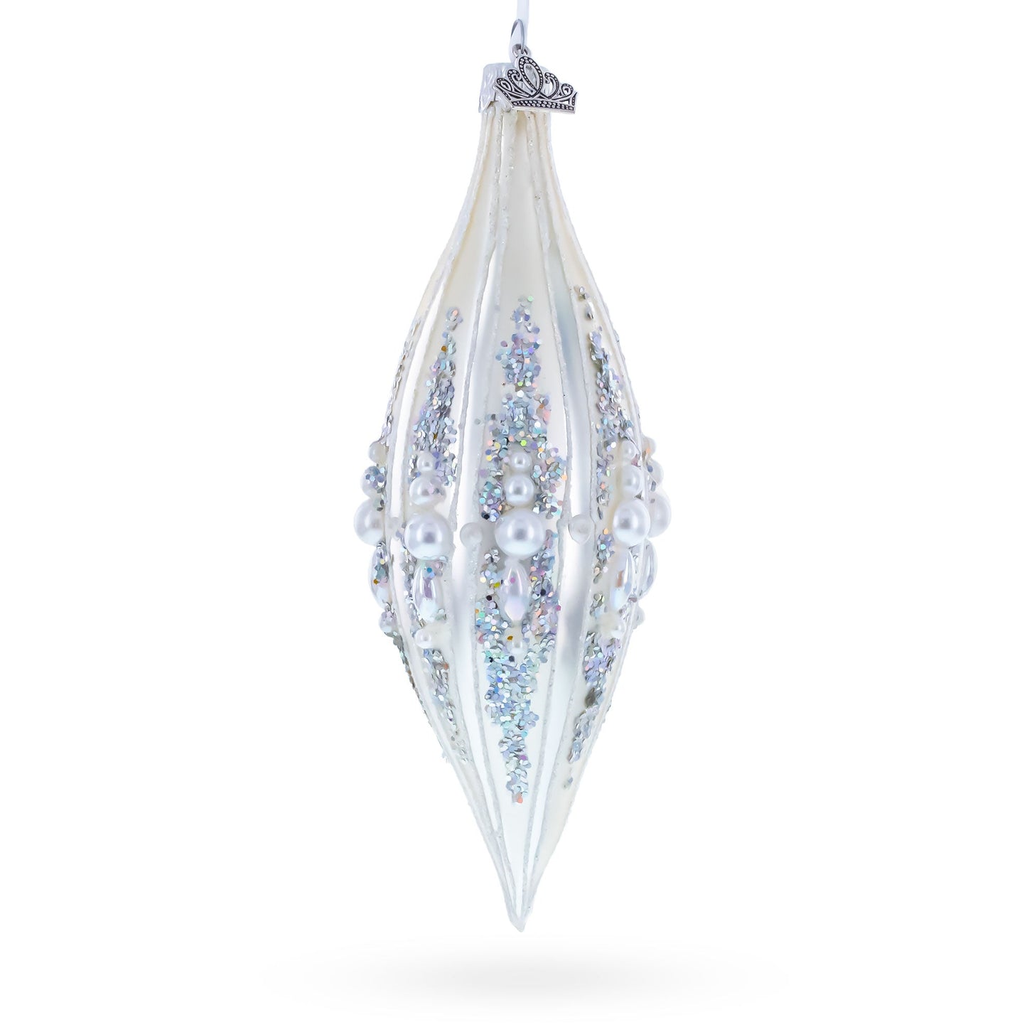 Pearl and Glitter Jeweled Elongated Pointed Teardrop Finial Glass Christmas Ornament