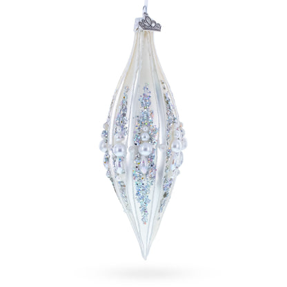Pearl and Glitter Jeweled Elongated Pointed Teardrop Finial Glass Christmas Ornament