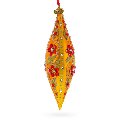 Gold and Red Floral Jeweled Elongated Pointed Teardrop Finial Glass Christmas Ornament