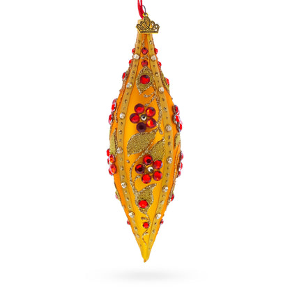 Gold and Red Floral Jeweled Elongated Pointed Teardrop Finial Glass Christmas Ornament