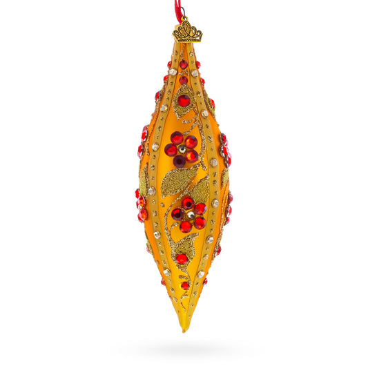 Gold and Red Floral Jeweled Elongated Pointed Teardrop Finial Glass Christmas Ornament
