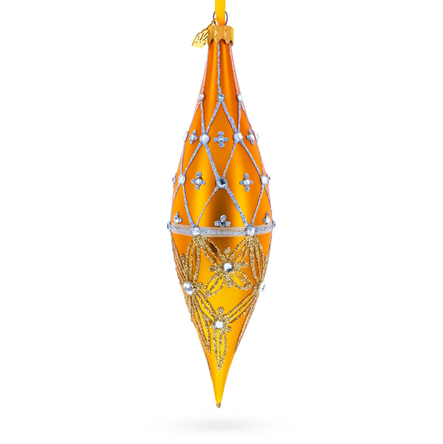 Golden Lattice and Floral Pattern Jeweled Elongated Pointed Teardrop Finial Glass Christmas Ornament