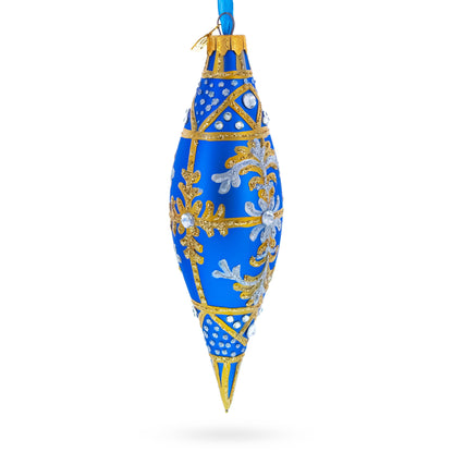 Royal Blue and Gold Snowflake Jeweled Elongated Pointed Teardrop Finial Glass Christmas Ornament
