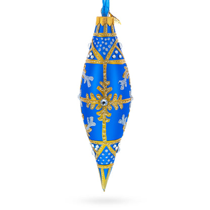 Royal Blue and Gold Snowflake Jeweled Elongated Pointed Teardrop Finial Glass Christmas Ornament