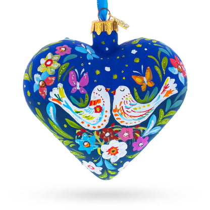 Blue Folk Art Whimsical Doves & Flowers Heart Glass Ornament