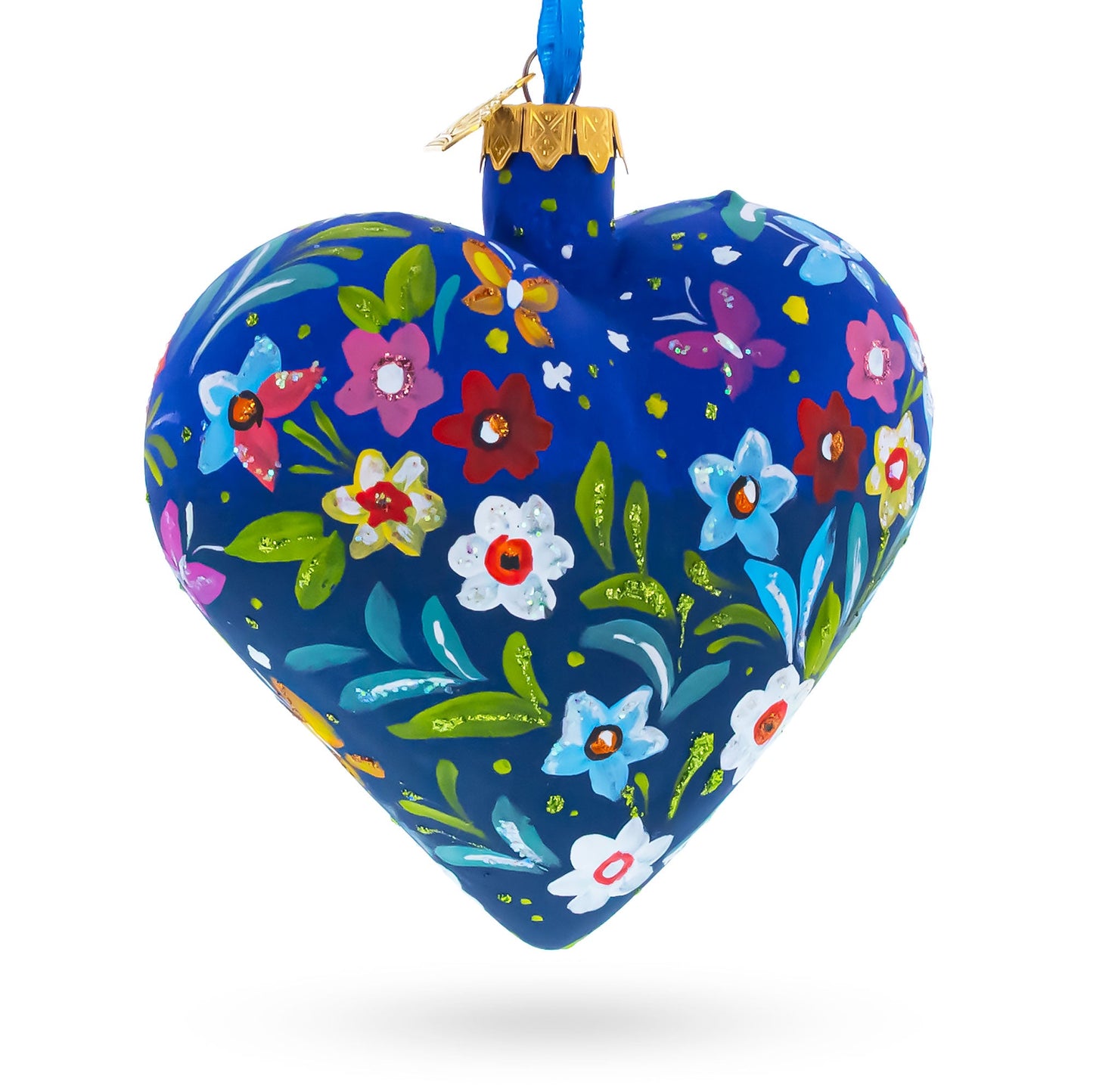 Blue Folk Art Whimsical Doves & Flowers Heart Glass Ornament