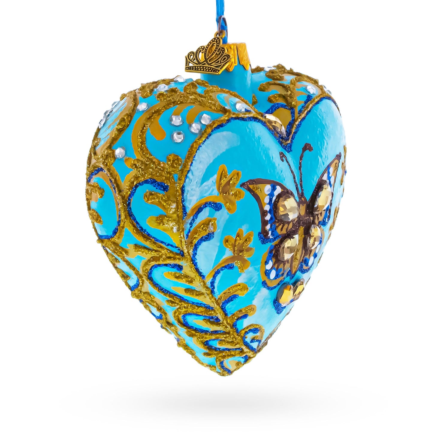 Turquoise Butterfly Elegance Heart Glass Ornament